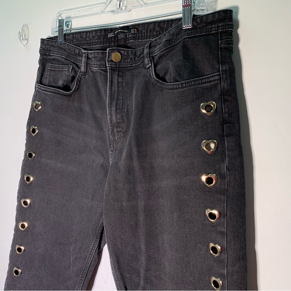 ZARA K BLACK JEANS WITH HEARTS ON THE SIZE SIZE 10 raw hem skinny - Picture 6 of 14